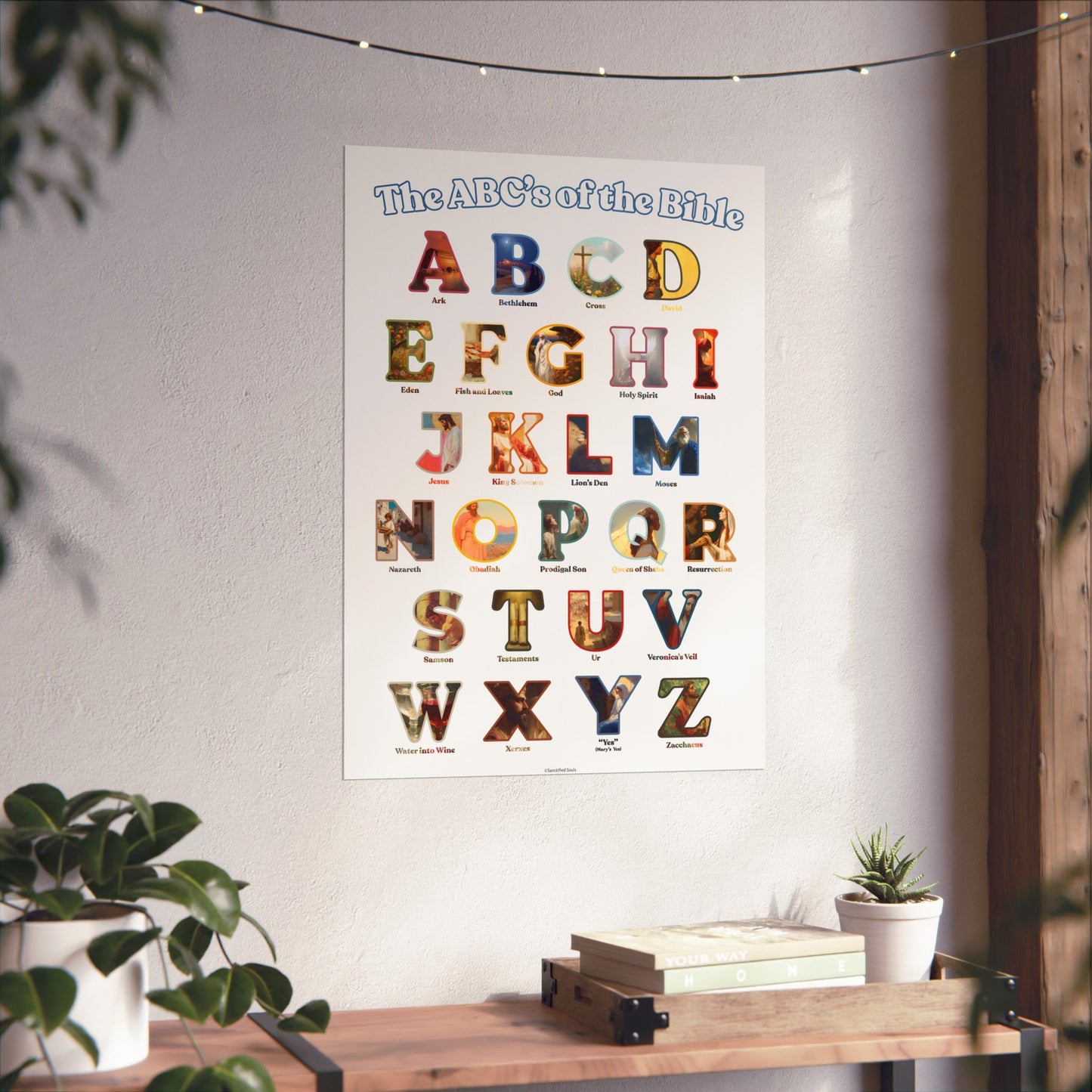 Bible ABC Poster - ABCs of the Bible Wall Art - Biblical People Places and Stories Chart - Christian Homeschool or Sunday School Decor