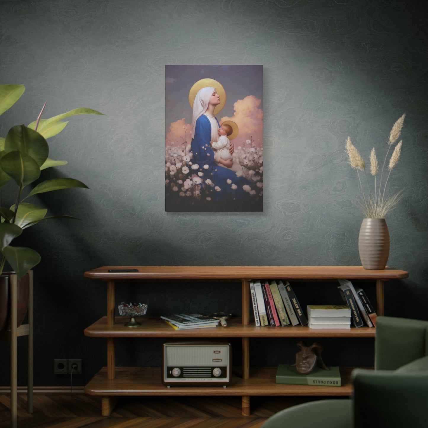 Mother Mary - Our Lady Among the Flowers -  Museum Wrapped Canvas - Sanctified Souls Print - Religious Art for your Home - Catholic Mother Mary Art