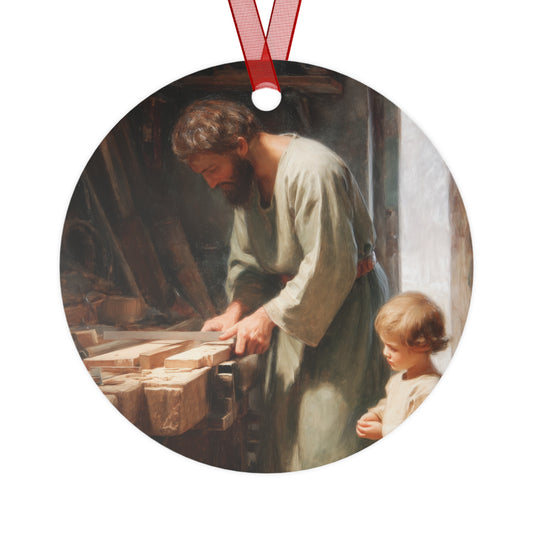 Saint Joseph the Worker Metal Ornament - Religious Holiday Christmas Ornament and Keepsake - Double sided - Prayer Ornament
