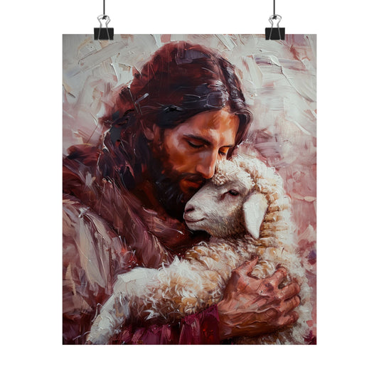 Jesus and the Little Lamb Poster Print - Sanctified Souls Print - Multiple Sizes - Premium Posters - Catholic Art - Christian painting