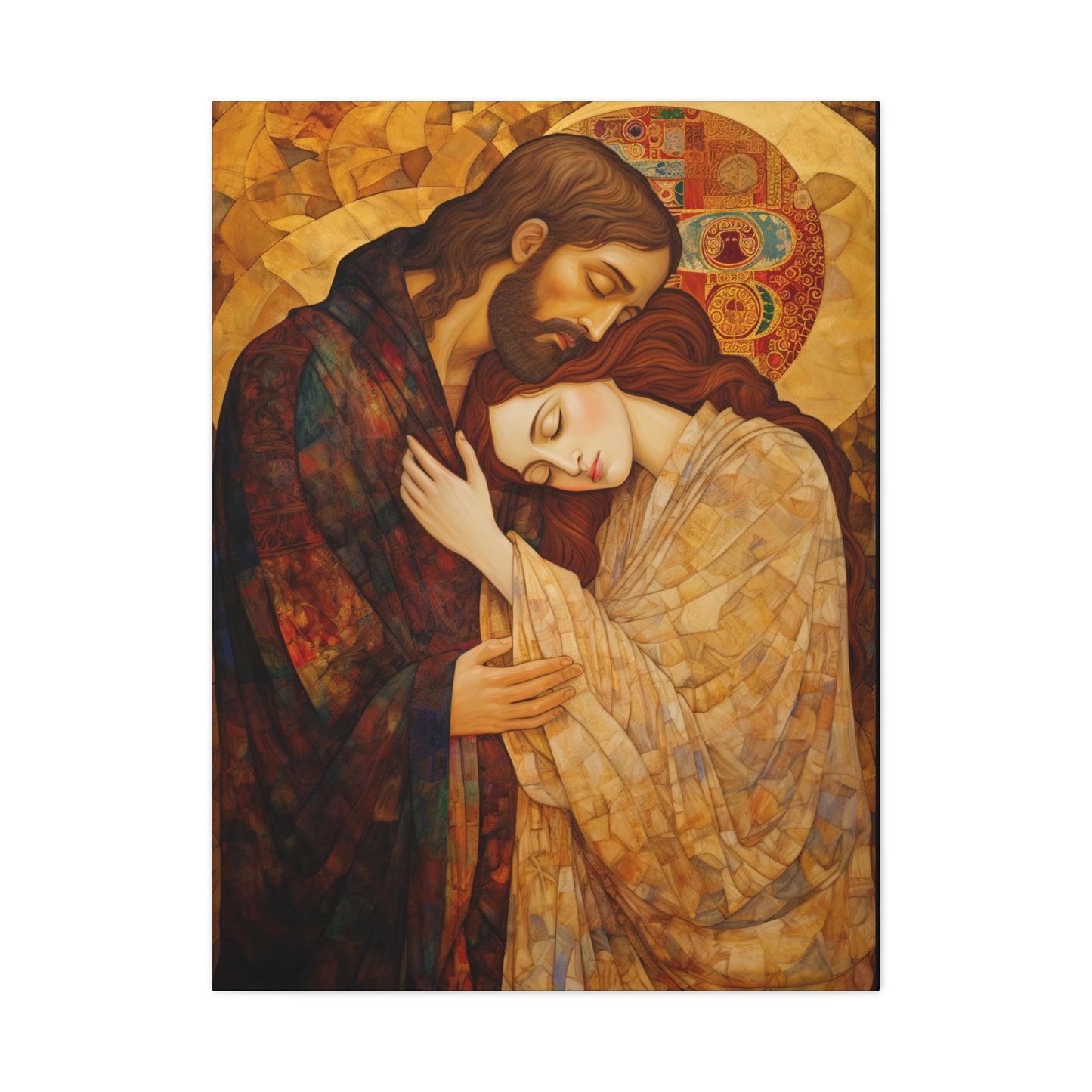 Healing Love- The Embrace of Christ and Mary Magdalene Museum Wrapped Canvas - Sanctified Souls Print -Based on Klimt's The Kiss