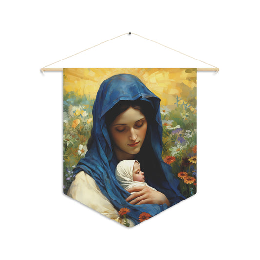 Graceful Maternity : The Virgin Mary and the Infant Savior Banner / Wall Hanging - Prayer room art - Catholic Home -  18" x 21"