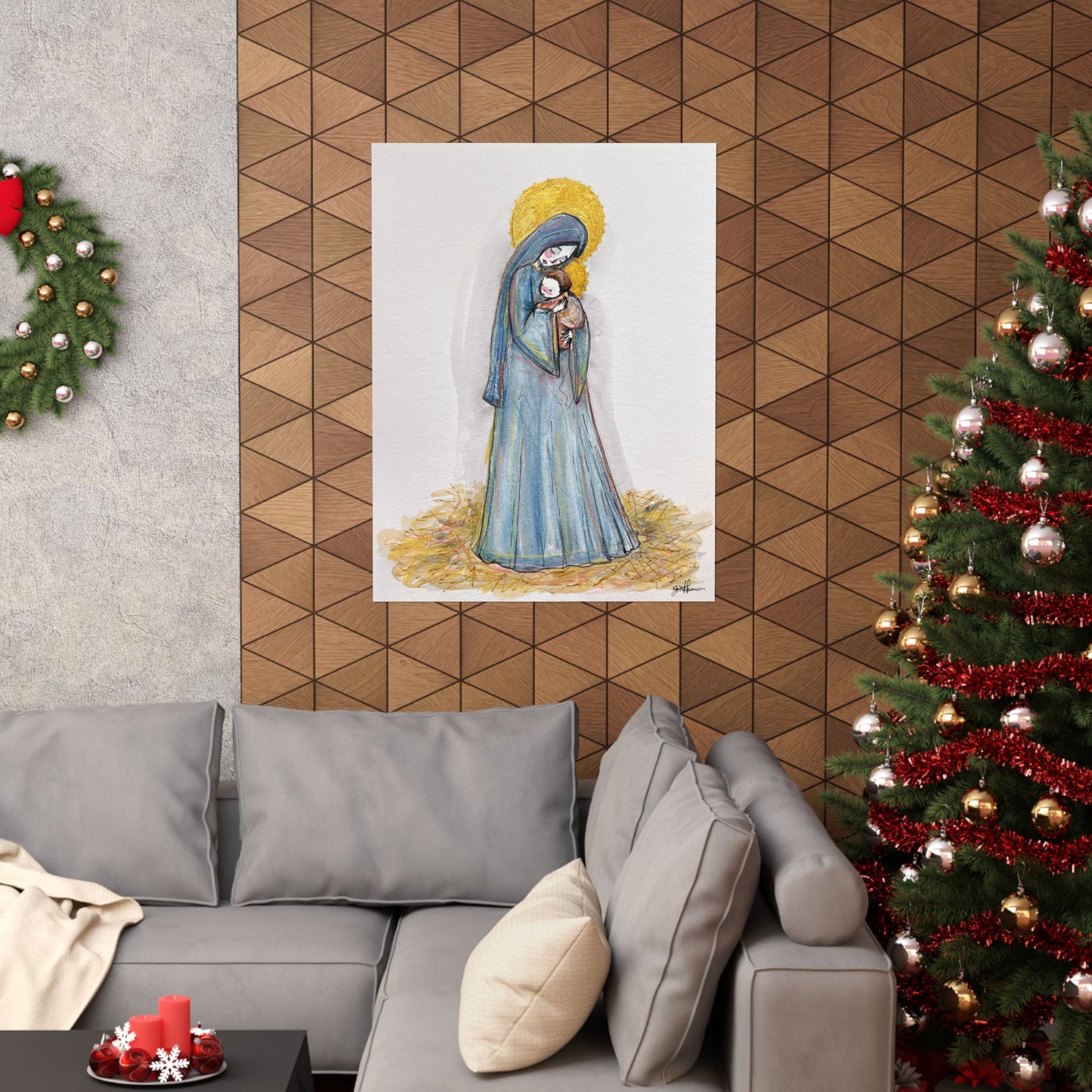 Our Lady of the Manger Catholic Art Print | Hand-Drawn Watercolor Virgin Mary Artwork | Christian Devotional Wall Art