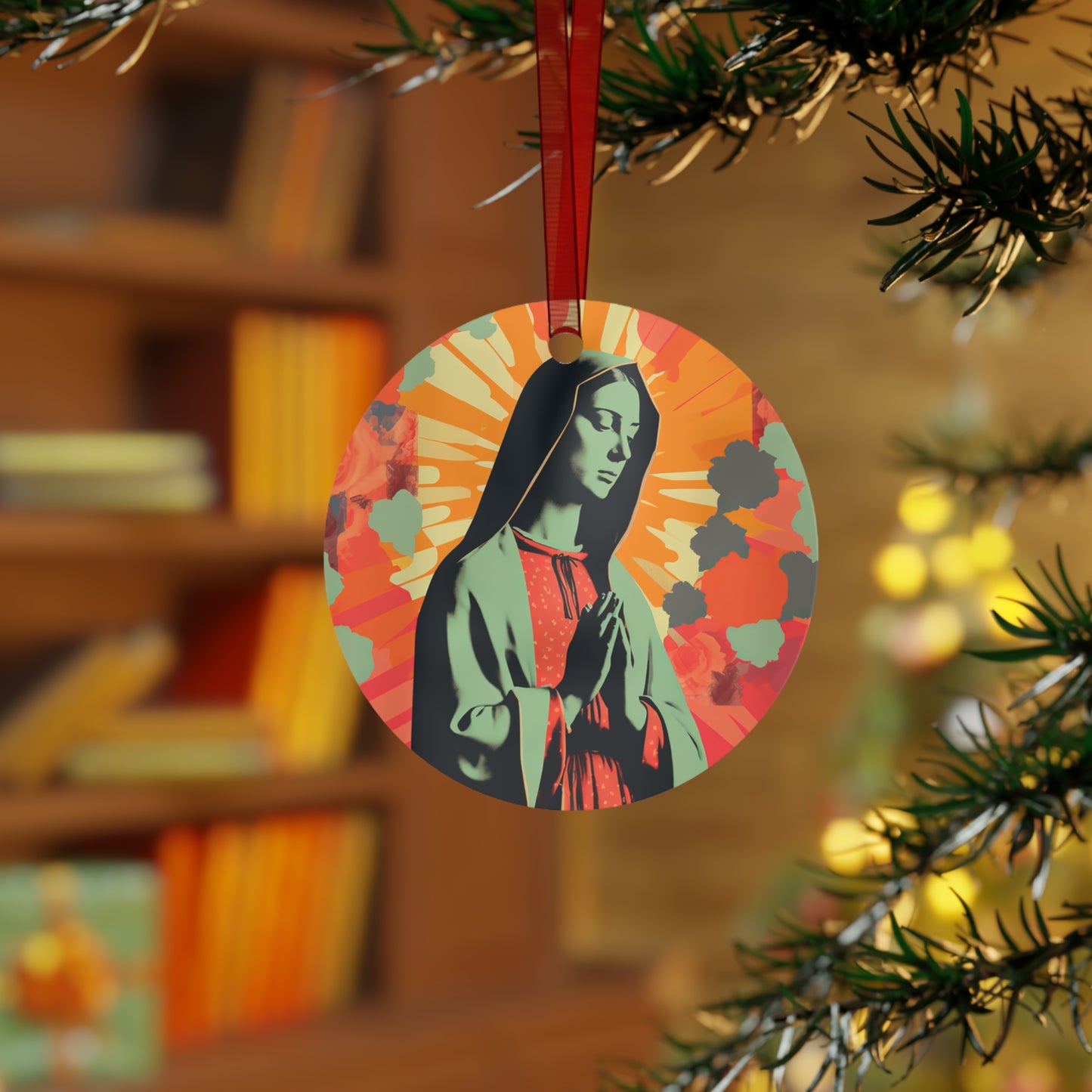 Queen of Heaven : Mother Mary in Prayer Metal Ornament - Religious Holiday Christmas Ornament and Keepsake - Double sided - Virgin Mary
