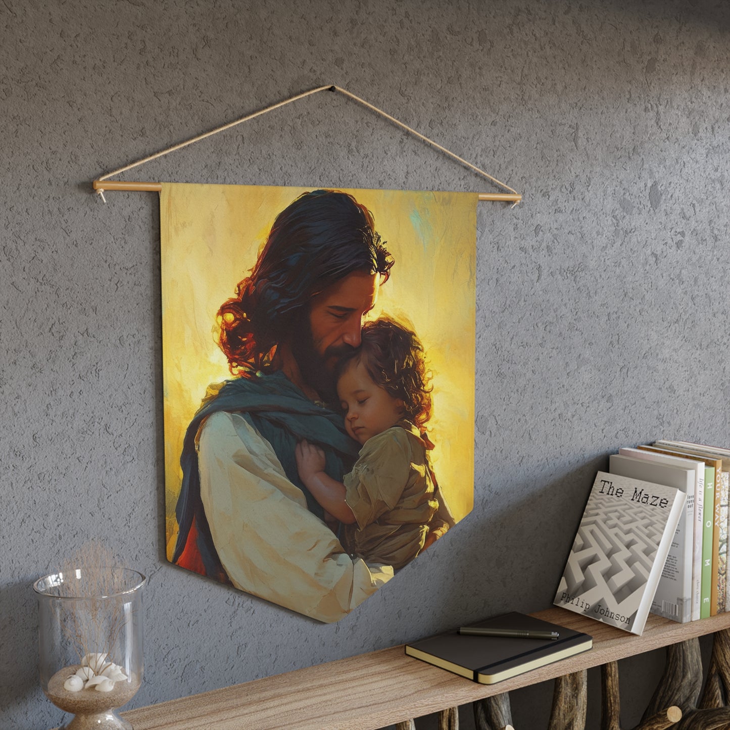 Divine Protector of the Innocent Pennant / Banner / Wall Hanging - Prayer room art - 18" x 21" - Catholic Gift - Christ and Child