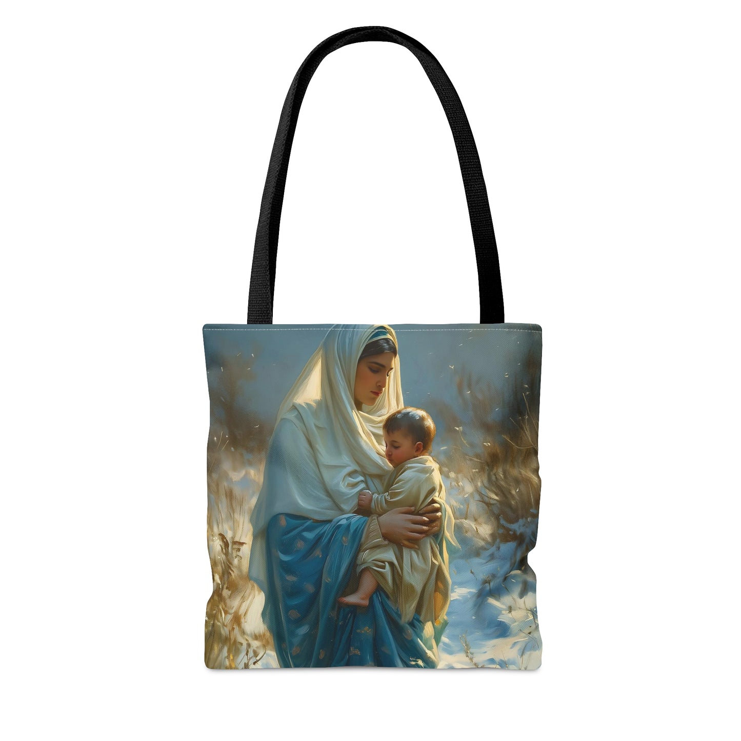 Snowfall of Grace - Our Lady's Winter Radiance - Our Lady of the Snows Tote Bag - Large Medium Small Faith Art Bag