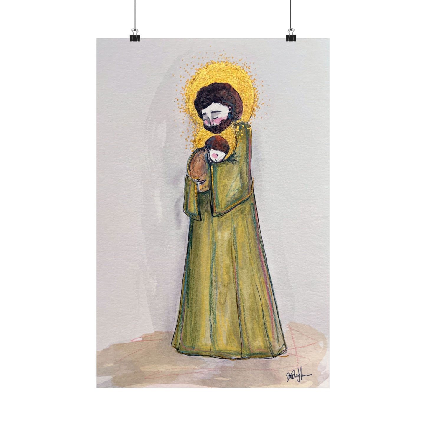 Saint Joseph and Child Jesus Catholic Art Print | Hand-Drawn Watercolor Sacred Artwork | Christian Devotional Wall Art