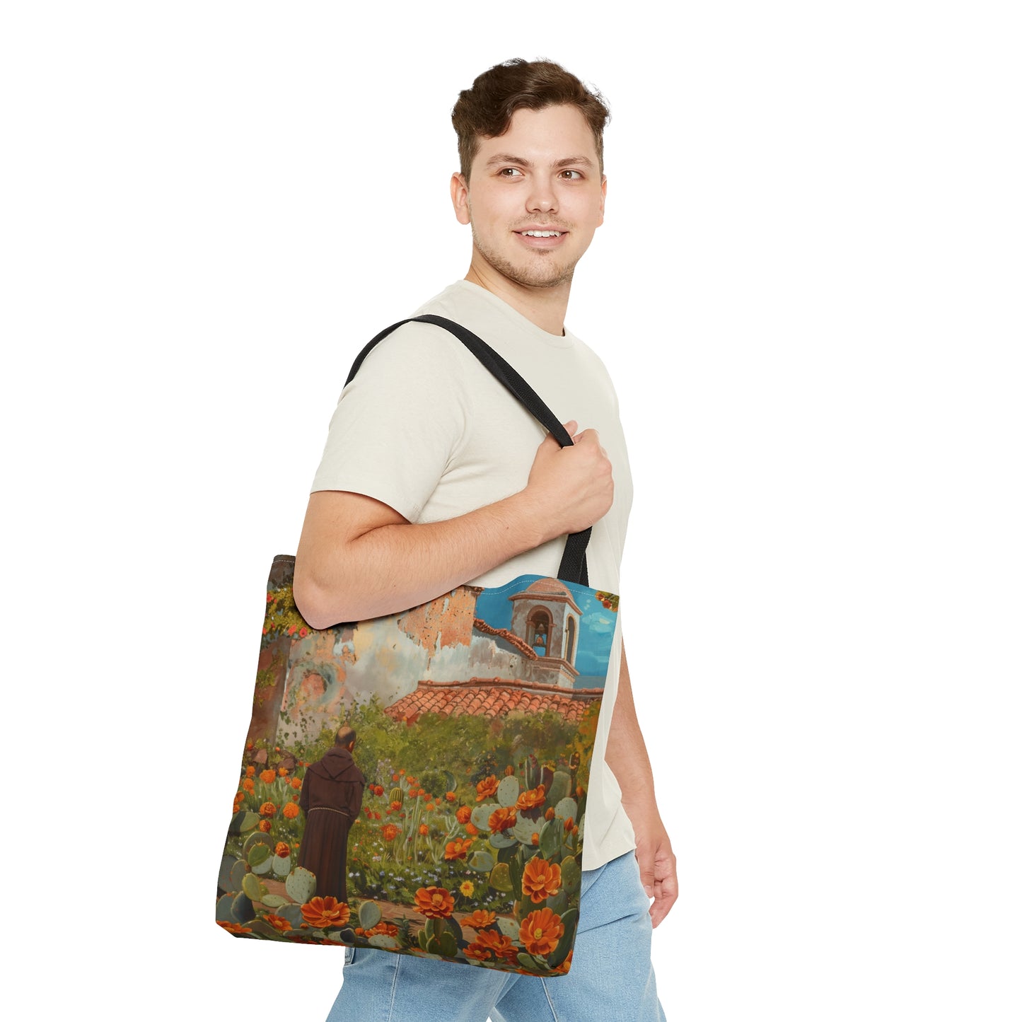 Saint Junípero Serra Tote Bag - Large Medium Small Faith Art Bag - Catholic Faith Purse - Double Sided - Religious - Santa Barbara Mission