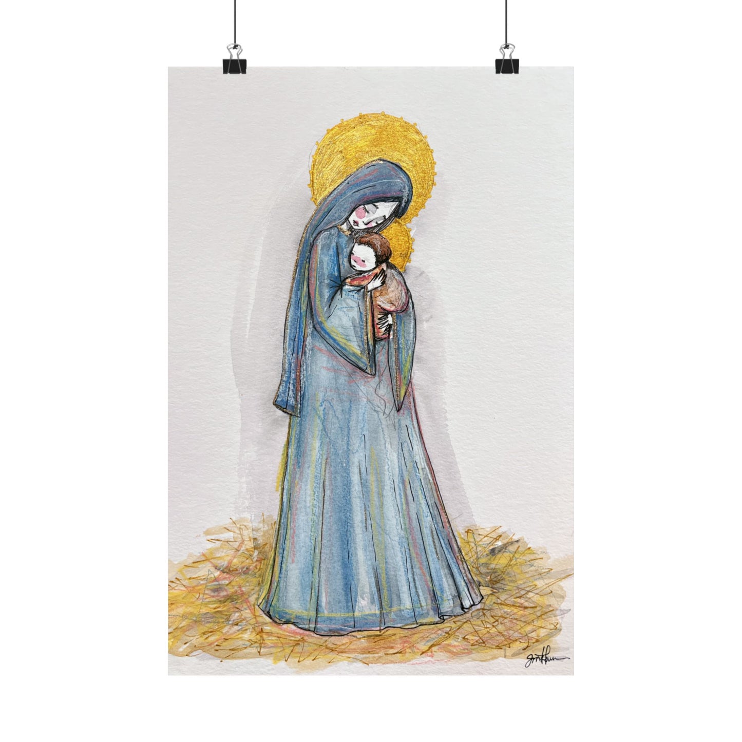 Our Lady of the Manger Catholic Art Print | Hand-Drawn Watercolor Virgin Mary Artwork | Christian Devotional Wall Art
