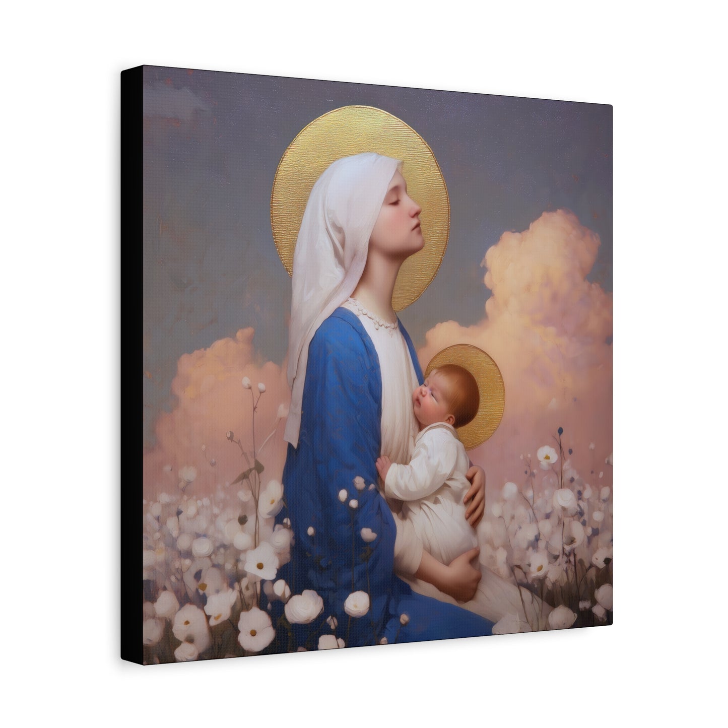 Mother Mary - Our Lady Among the Flowers -  Museum Wrapped Canvas - Sanctified Souls Print - Religious Art for your Home - Catholic Mother Mary Art