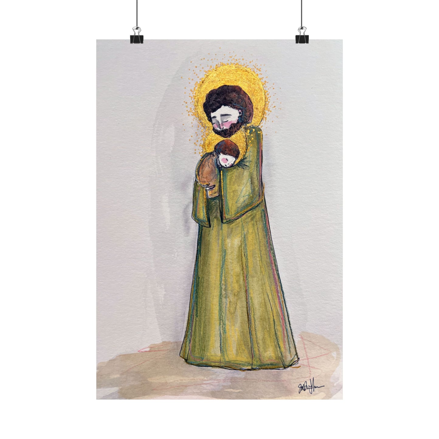 Saint Joseph and Child Jesus Catholic Art Print | Hand-Drawn Watercolor Sacred Artwork | Christian Devotional Wall Art
