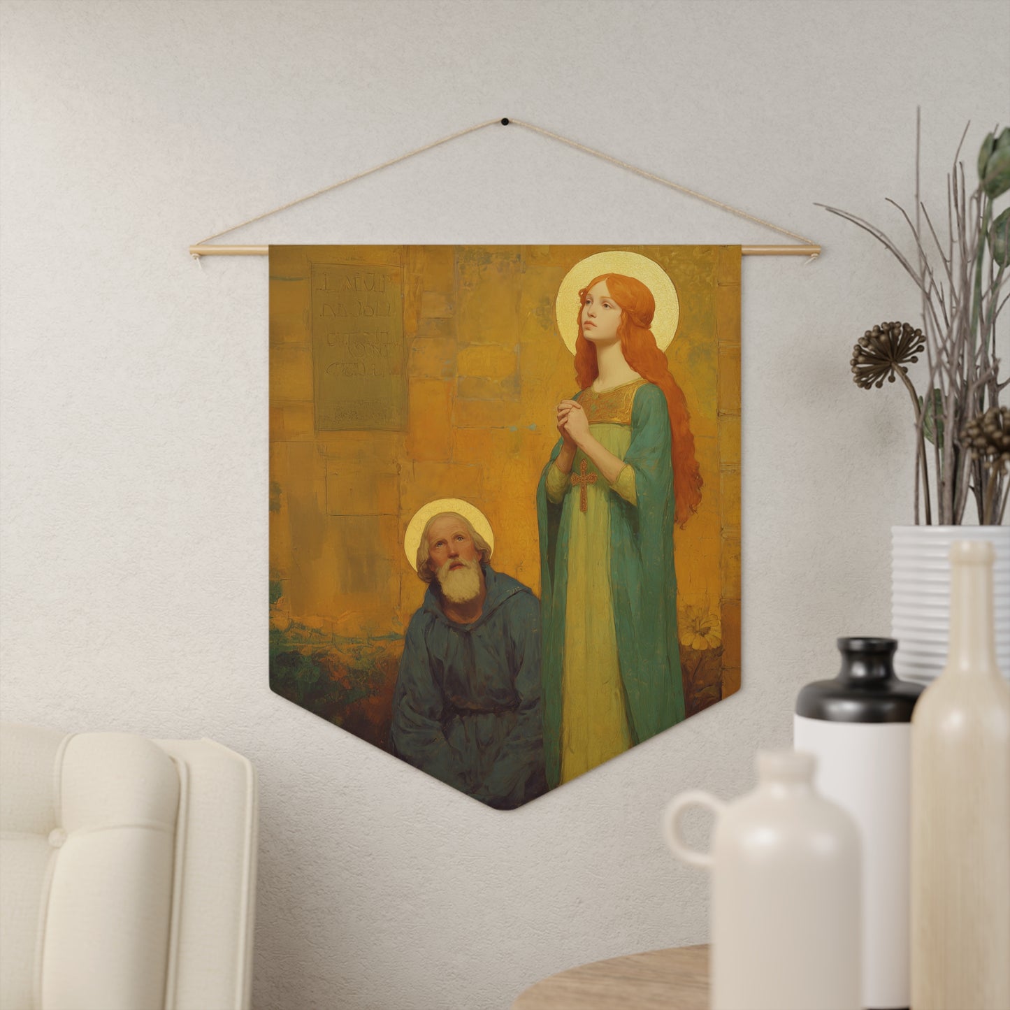 Saints Cyprian and Justina Pennant / Banner / Wall Hanging - Prayer room art - 18" x 21" - Catholic - Large Banner - Catholic Gift