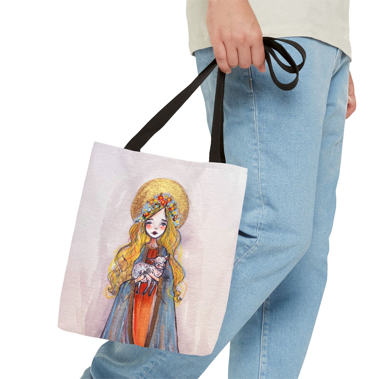 Saint Agnes of Rome Catholic Tote Bag | Christian Devotional Bag Hand-Drawn Sacred Art Tote | Sanctified Solocosmo Religious Tote