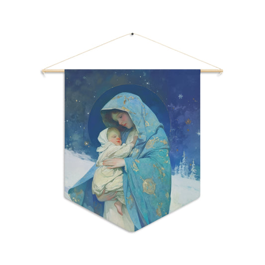 Snowfall of Grace: Our Lady's Blessing Pennant / Banner / Wall Hanging - Prayer room art - 18" x 21" - Catholic prayer Religious - Banner