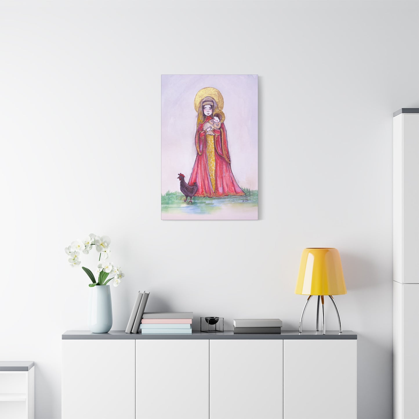 Our Lady of the Hens Catholic Canvas Print | Virgin Mary and Child Sacred Art | Hand-Drawn Watercolor Marian Wall Art