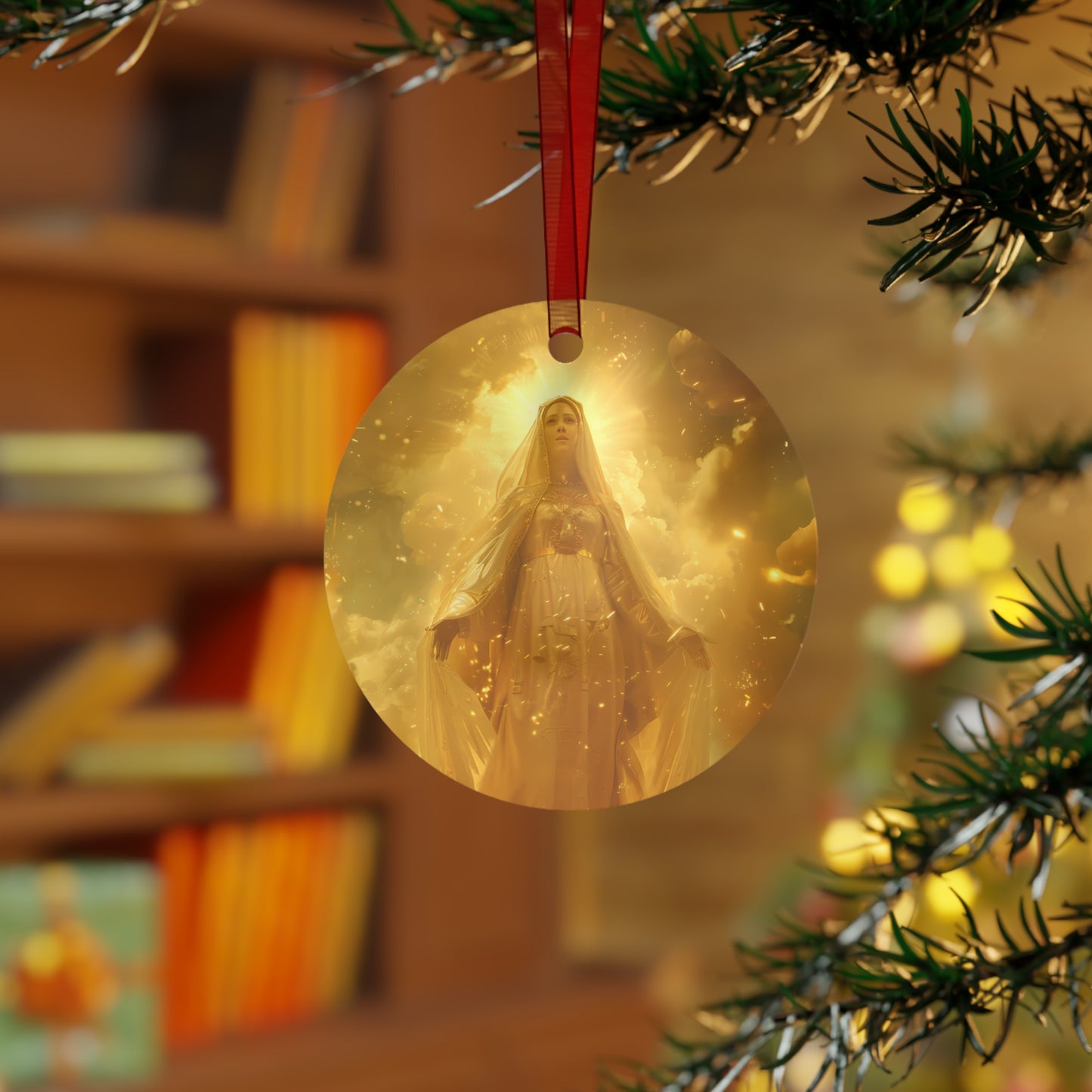 Virgin Mary - Mystical Sun - Golden Mary Metal Ornament - Religious Holiday Christmas Ornament and Keepsake - Catholic Keepsake