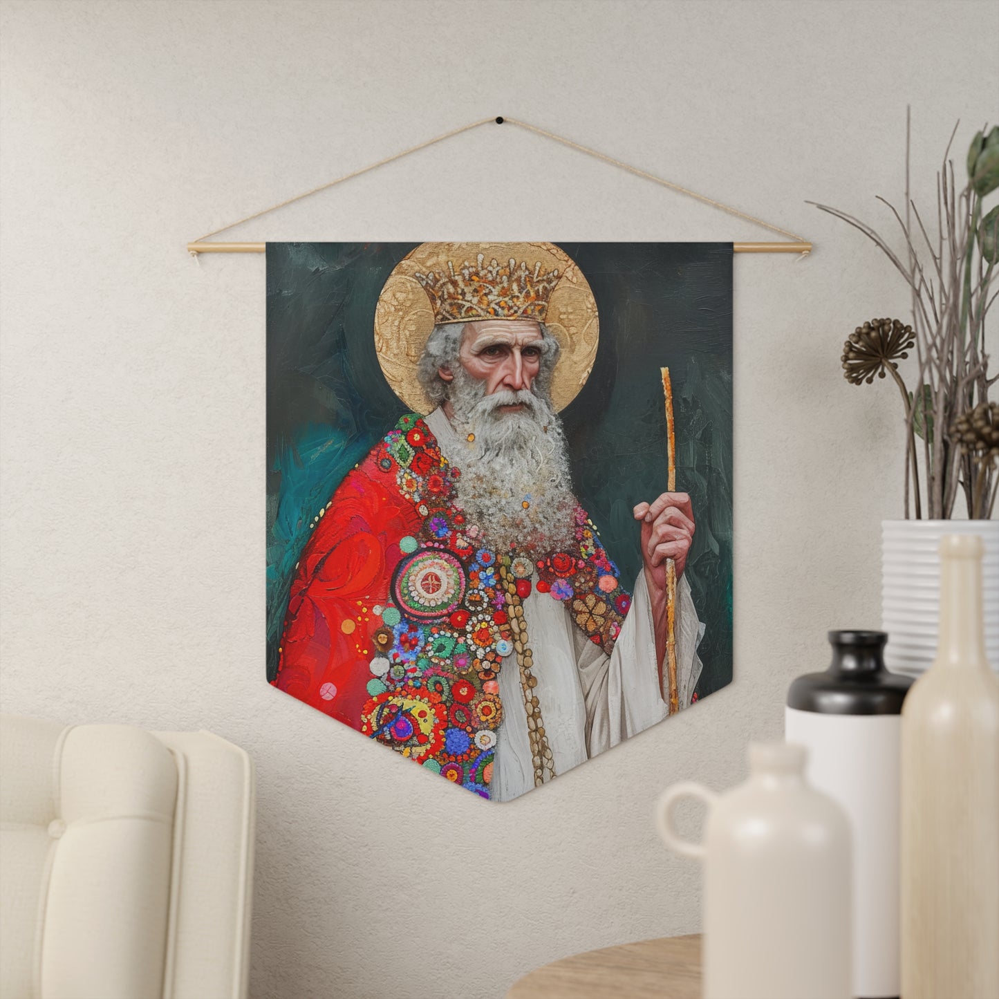 Saint Richard the Pilgrim Pennant / Banner / Wall Hanging - Prayer room art - Catholic Home Art - Large Saint Art for your home - 18" x 21"