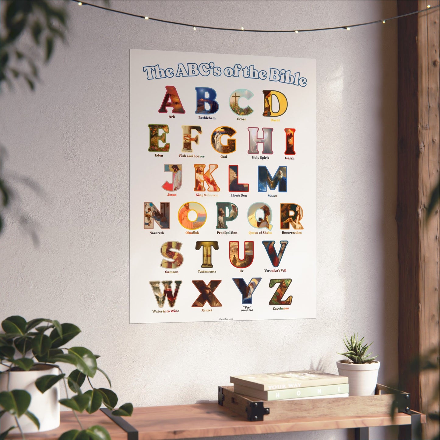 Bible ABC Poster - ABCs of the Bible Wall Art - Biblical People Places and Stories Chart - Christian Homeschool or Sunday School Decor