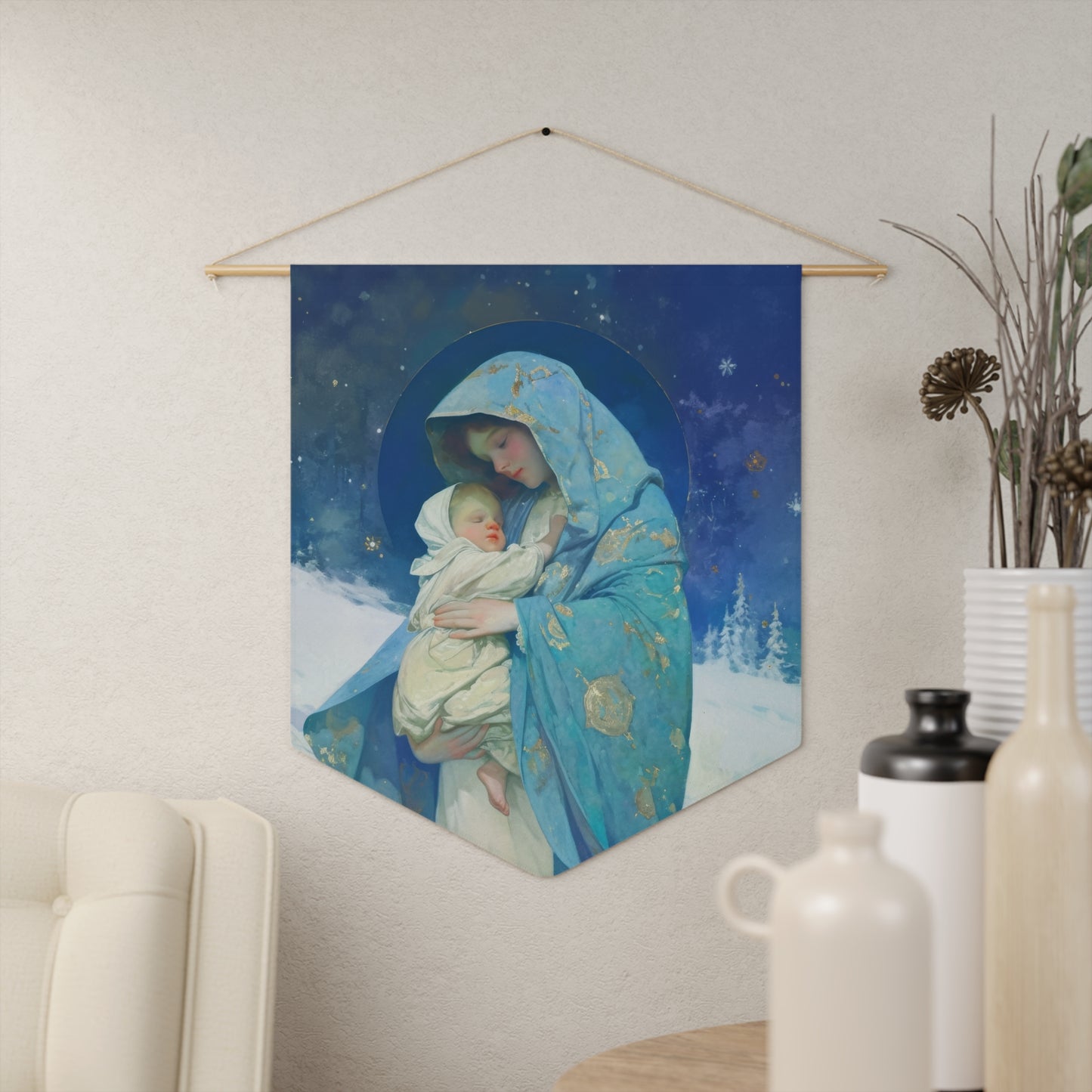 Snowfall of Grace: Our Lady's Blessing Pennant / Banner / Wall Hanging - Prayer room art - 18" x 21" - Catholic prayer Religious - Banner