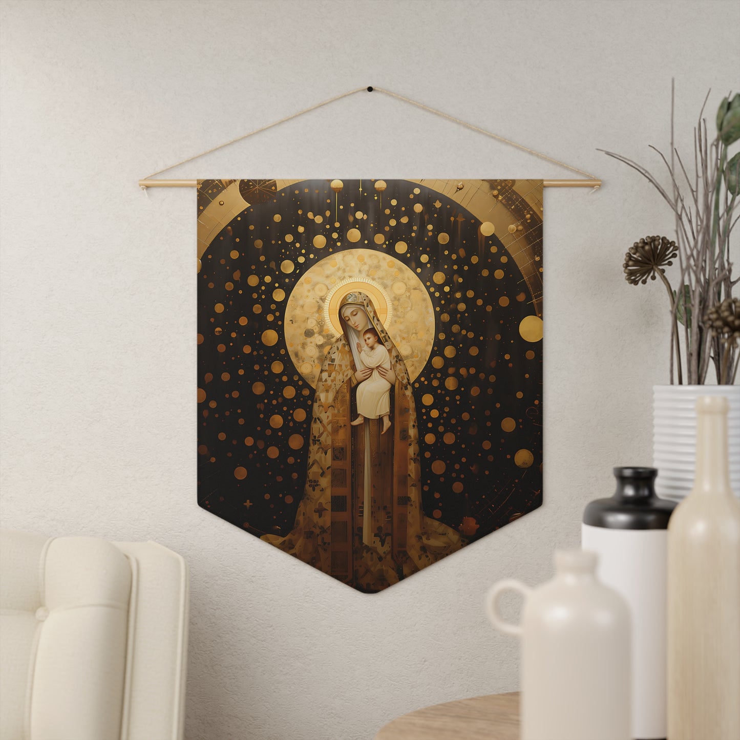 The Golden Mary - Mary the Blessed Virgin Wall Banner / Wall Hanging - Prayer room - Catholic Home Art - 18" x 21"