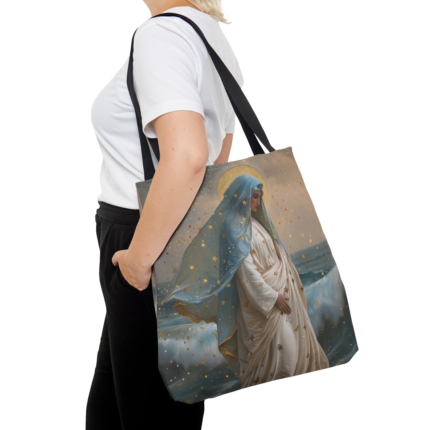 Ocean's Embrace - Devotion to Our Lady Star of the Sea Tote Bag - Large Medium Small Faith Art Bag - Re usable Tote Purse - Double Sided