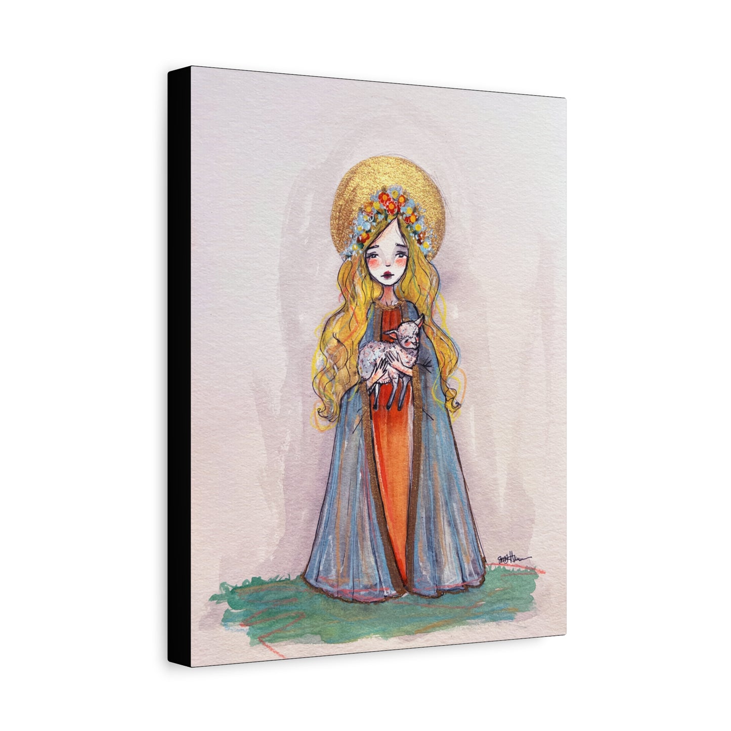 Saint Agnes of Rome Catholic Canvas Print | Christian Sacred Art | Hand-Drawn Watercolor Devotional Wall Art Religious Artwork