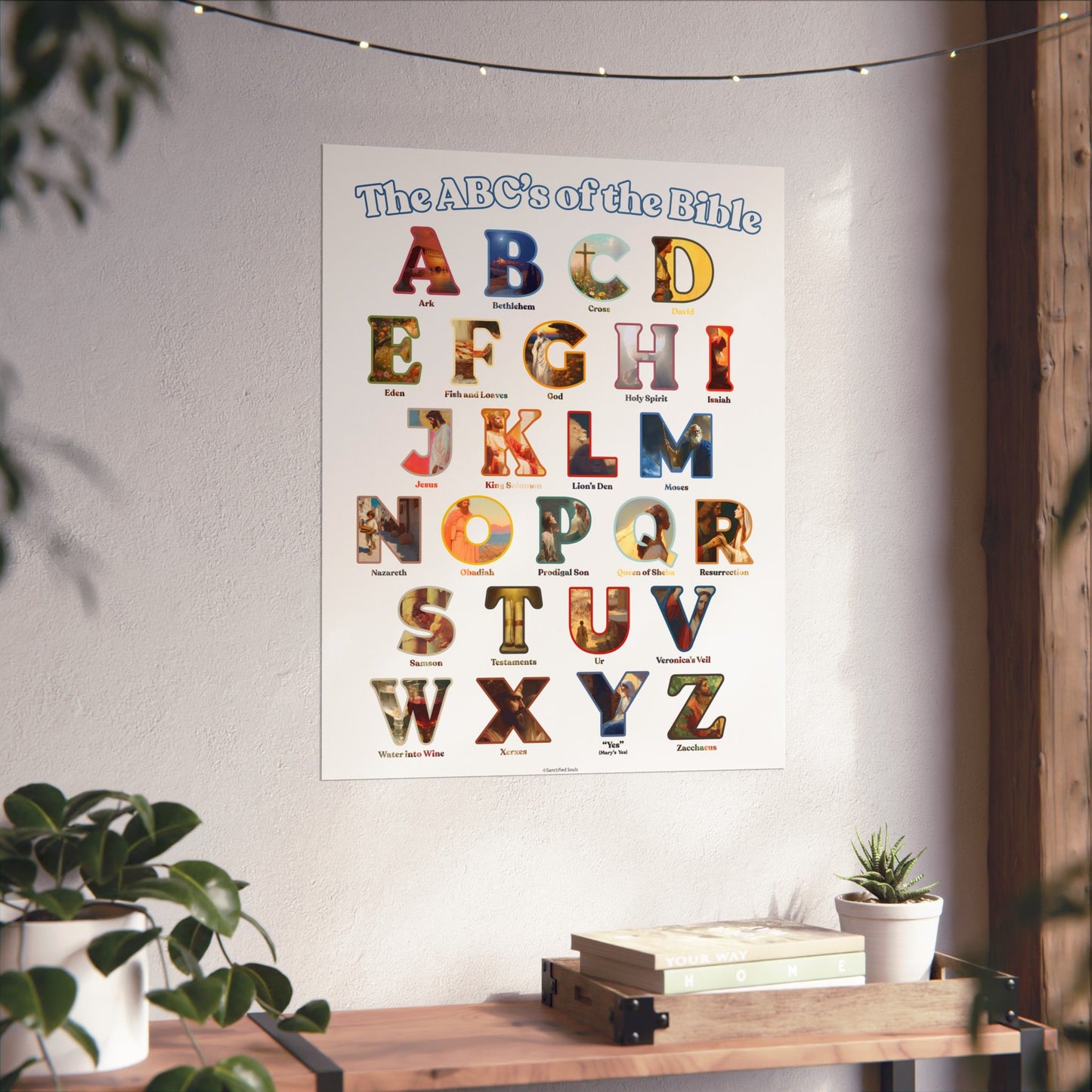 Bible ABC Poster - ABCs of the Bible Wall Art - Biblical People Places and Stories Chart - Christian Homeschool or Sunday School Decor