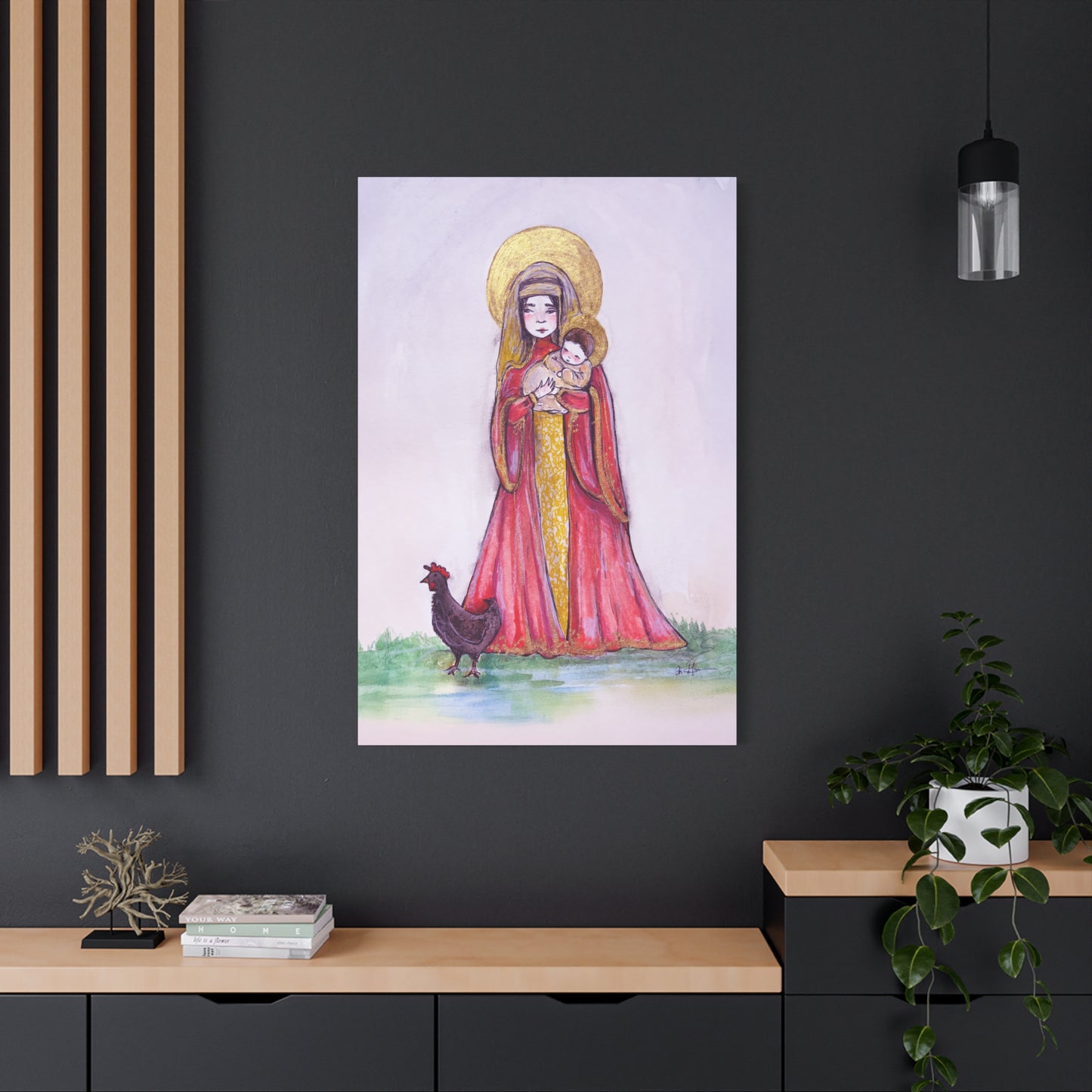 Our Lady of the Hens Catholic Canvas Print | Virgin Mary and Child Sacred Art | Hand-Drawn Watercolor Marian Wall Art
