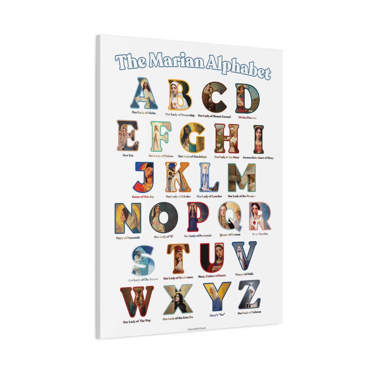 Catholic Marian Alphabet ABC Canvas - Full Alphabet Large Canvas - Catholic ABC Mary - Marian Titles - Catholic Nursery / Homeschool