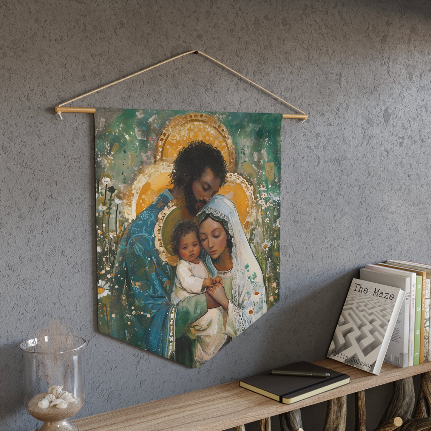 Sacred Sanctuary - Mary, Joseph, and the Infant Jesus Wall Banner / Wall Hanging - Prayer room art - Catholic - Large Saint Art - 18" x 21"