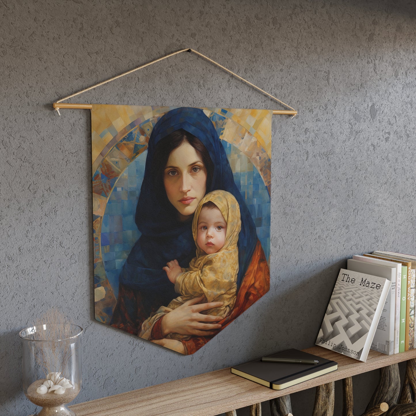 Maternal Seraph - Virgin Mary and Infant Jesus Wall Banner / Wall Hanging - Prayer room art - Catholic Home Art - Large Print - 18" x 21"