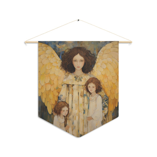 Embrace of the Guardian Wall Banner / Wall Hanging - Prayer room art - Guardian Angel Art - Nursery Room print - 18" x 21"