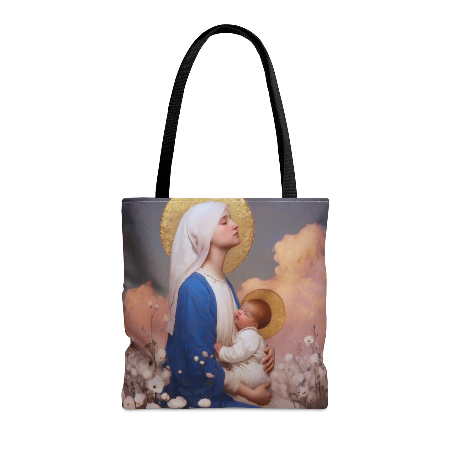 Our Lady Among the Flowers - Tote Bag - Large Medium Small Faith Art Bag - Bible Study Faith Purse - Double Sided Prayer Tote