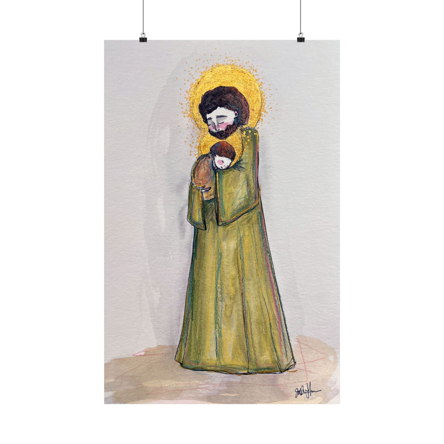 Saint Joseph and Child Jesus Catholic Art Print | Hand-Drawn Watercolor Sacred Artwork | Christian Devotional Wall Art