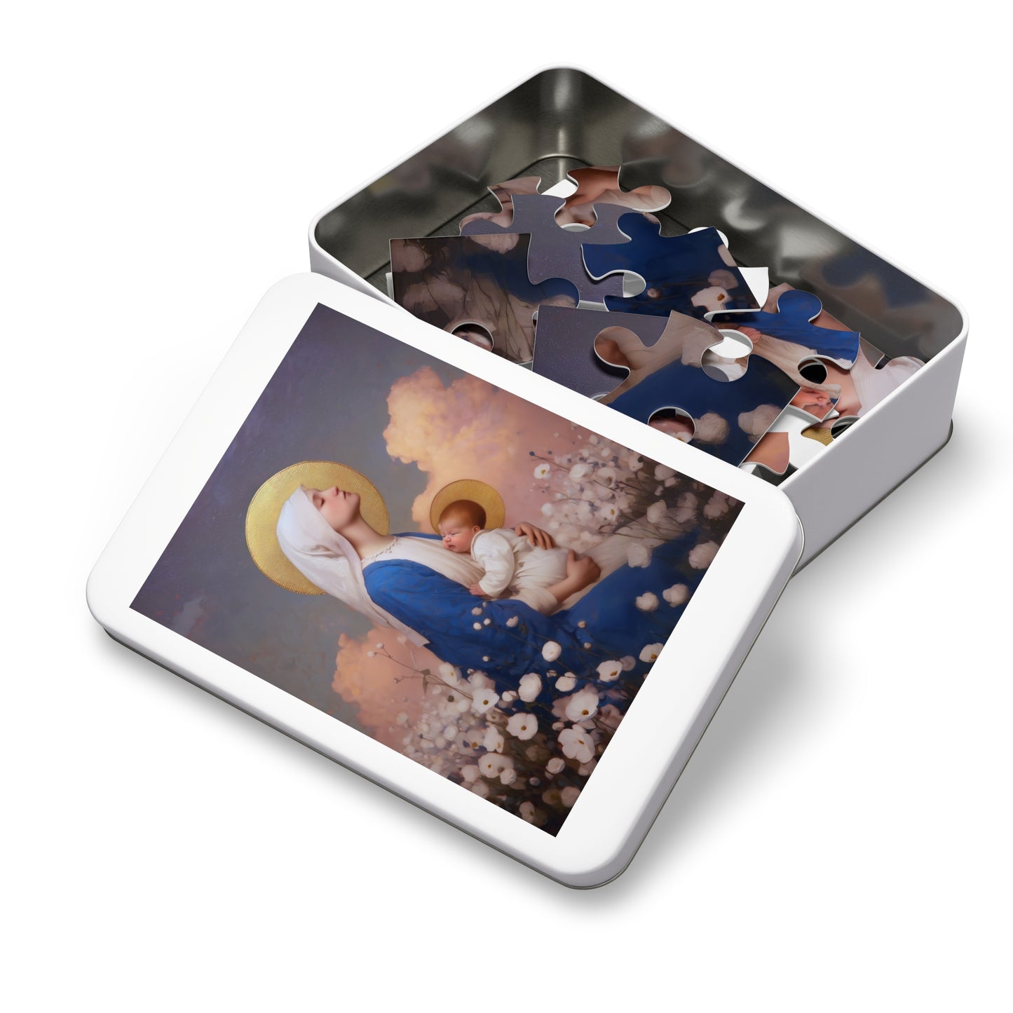 Our Lady Among the Flowers - Puzzle and Tin - Religious Jigsaw Puzzle (30, 110, 252, 500,1000) - Gift Catholic Families - Catholic Christmas