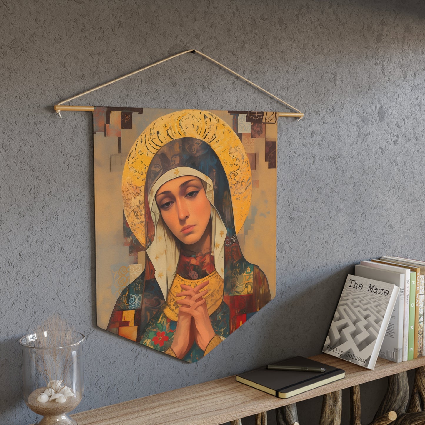 Virgin Mary - Holy Mother of Grace Pennant / Banner / Wall Hanging - Prayer room art - 18" x 21" - Catholic Gift