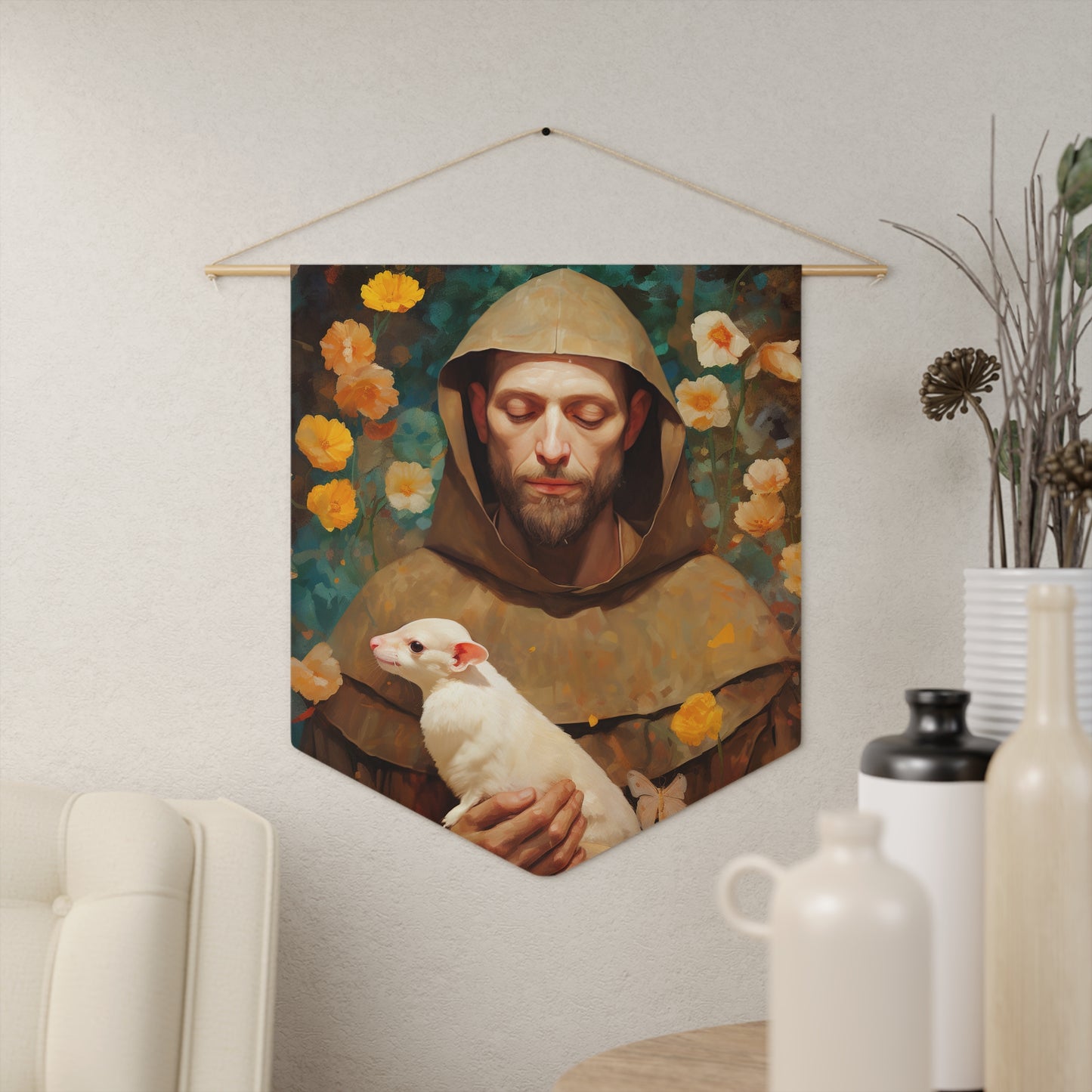 Saint Francis of Assisi Wall Banner / Wall Hanging / Pennant - Religious Art - Prayer room art - Catholic Art - Large Print - 18" x 21"
