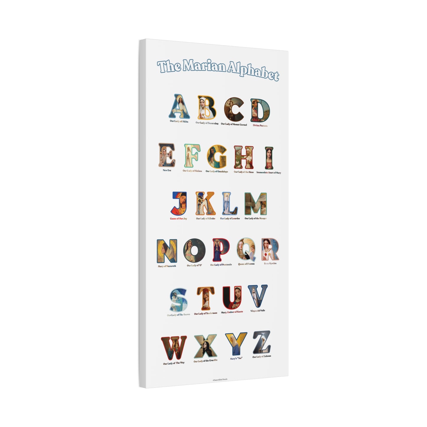 Catholic Marian Alphabet ABC Canvas - Full Alphabet Large Canvas - Catholic ABC Mary - Marian Titles - Catholic Nursery / Homeschool