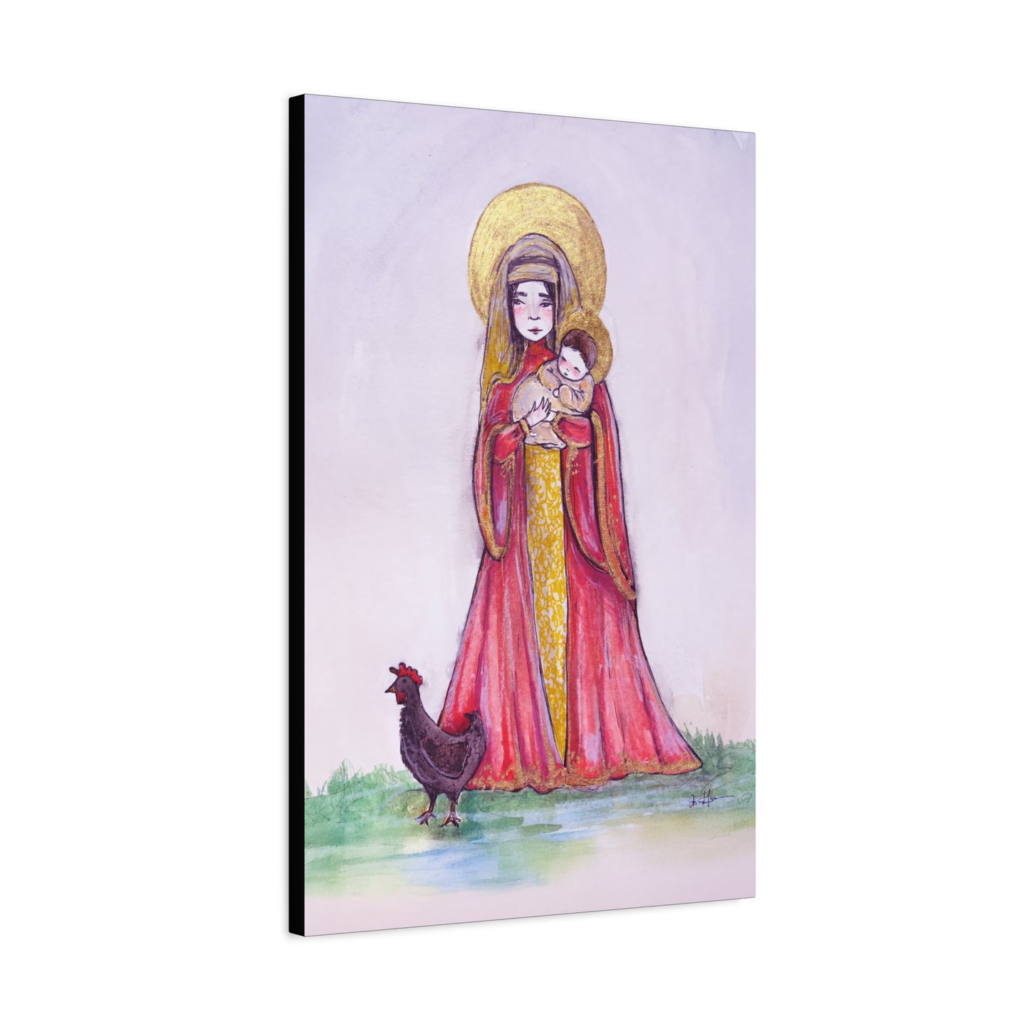 Our Lady of the Hens Catholic Canvas Print | Virgin Mary and Child Sacred Art | Hand-Drawn Watercolor Marian Wall Art