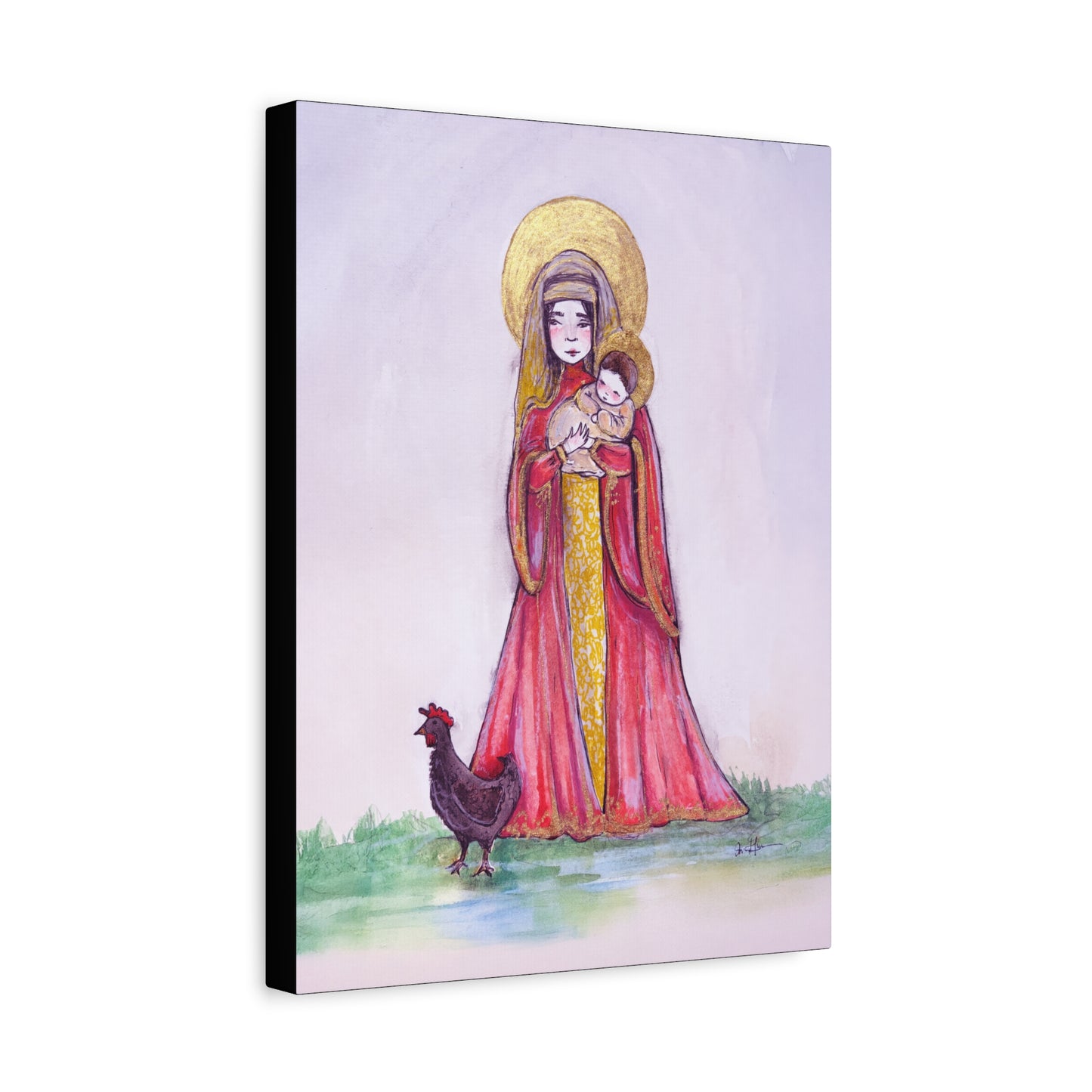 Our Lady of the Hens Catholic Canvas Print | Virgin Mary and Child Sacred Art | Hand-Drawn Watercolor Marian Wall Art