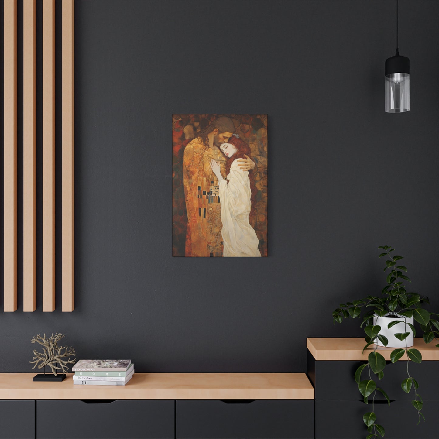 Transcendent Devotion: Christ Embracing Mary Magdalene Museum Wrapped Canvas - Sanctified Souls Print - Based on Klimt's The Kiss
