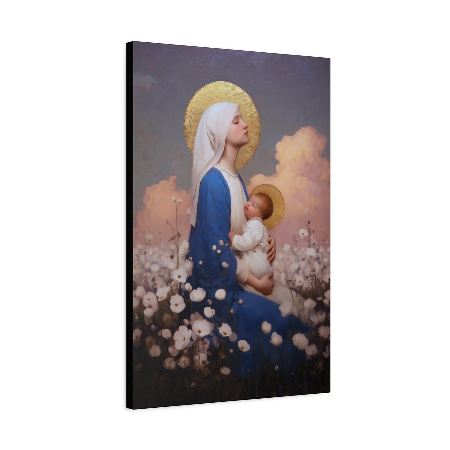 Mother Mary - Our Lady Among the Flowers -  Museum Wrapped Canvas - Sanctified Souls Print - Religious Art for your Home - Catholic Mother Mary Art