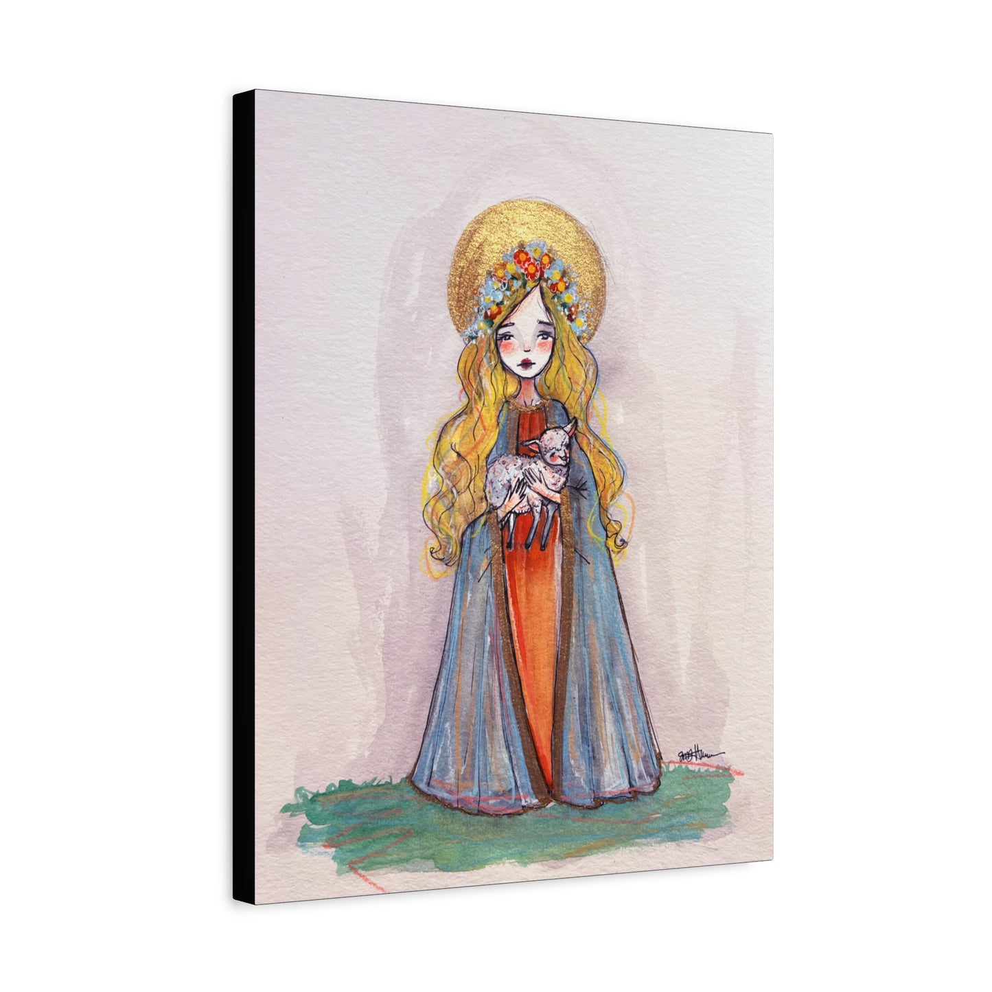 Saint Agnes of Rome Catholic Canvas Print | Christian Sacred Art | Hand-Drawn Watercolor Devotional Wall Art Religious Artwork