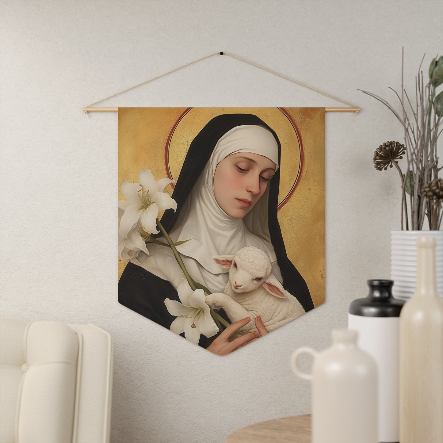 Saint Agnes of Montepulciano Pennant / Banner / Wall Hanging - Prayer room art - 18" x 21" - Catholic prayer Religious Christian Gift