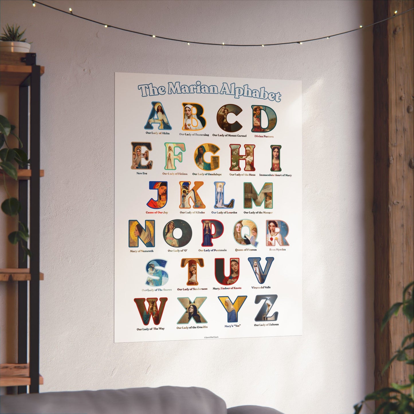 Catholic Marian Alphabet Poster - ABC Wall Art - Marian Titles Catholic Print - Catholic Nursery or Homeschool Faith Decor - Mother Mary Art