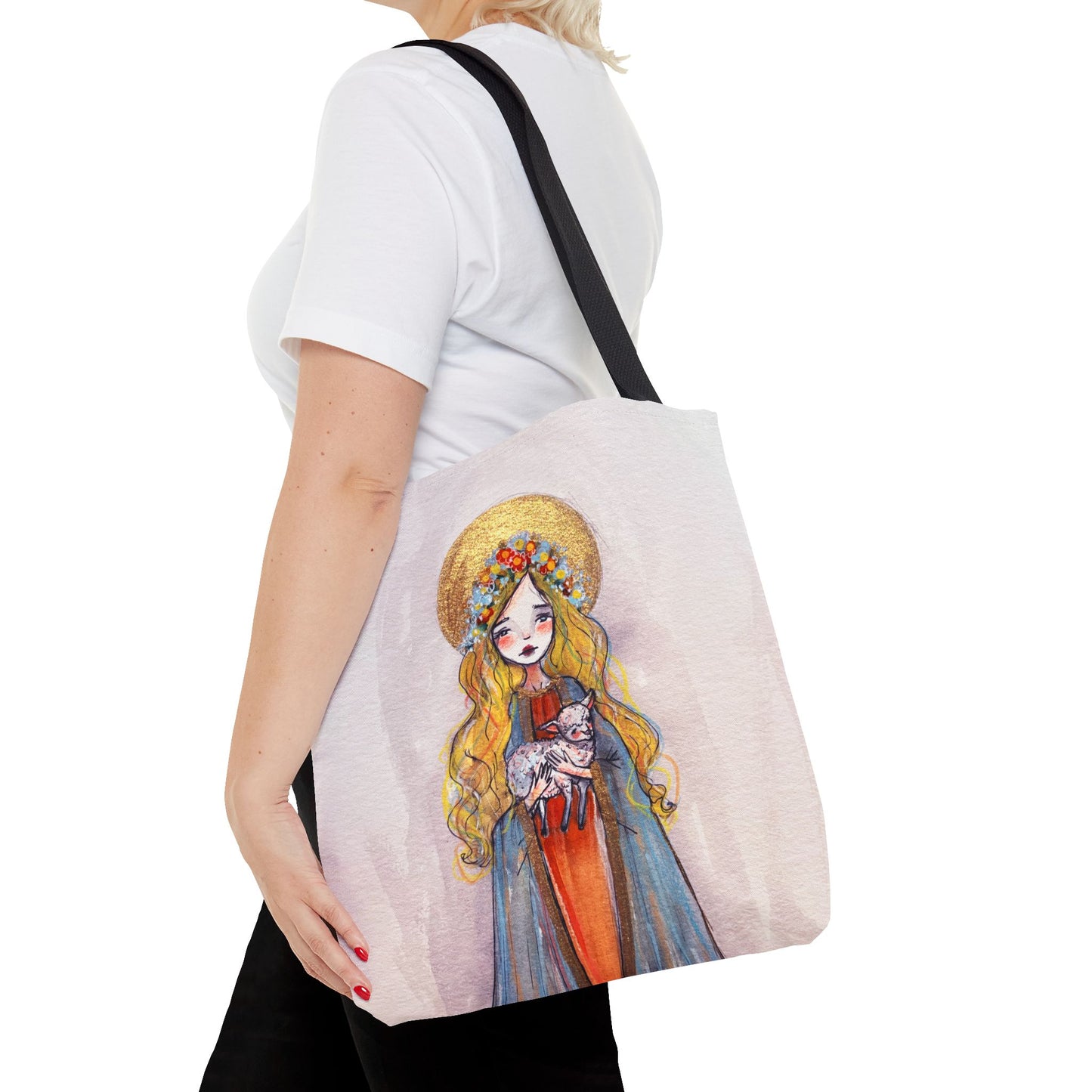 Saint Agnes of Rome Catholic Tote Bag | Christian Devotional Bag Hand-Drawn Sacred Art Tote | Sanctified Solocosmo Religious Tote