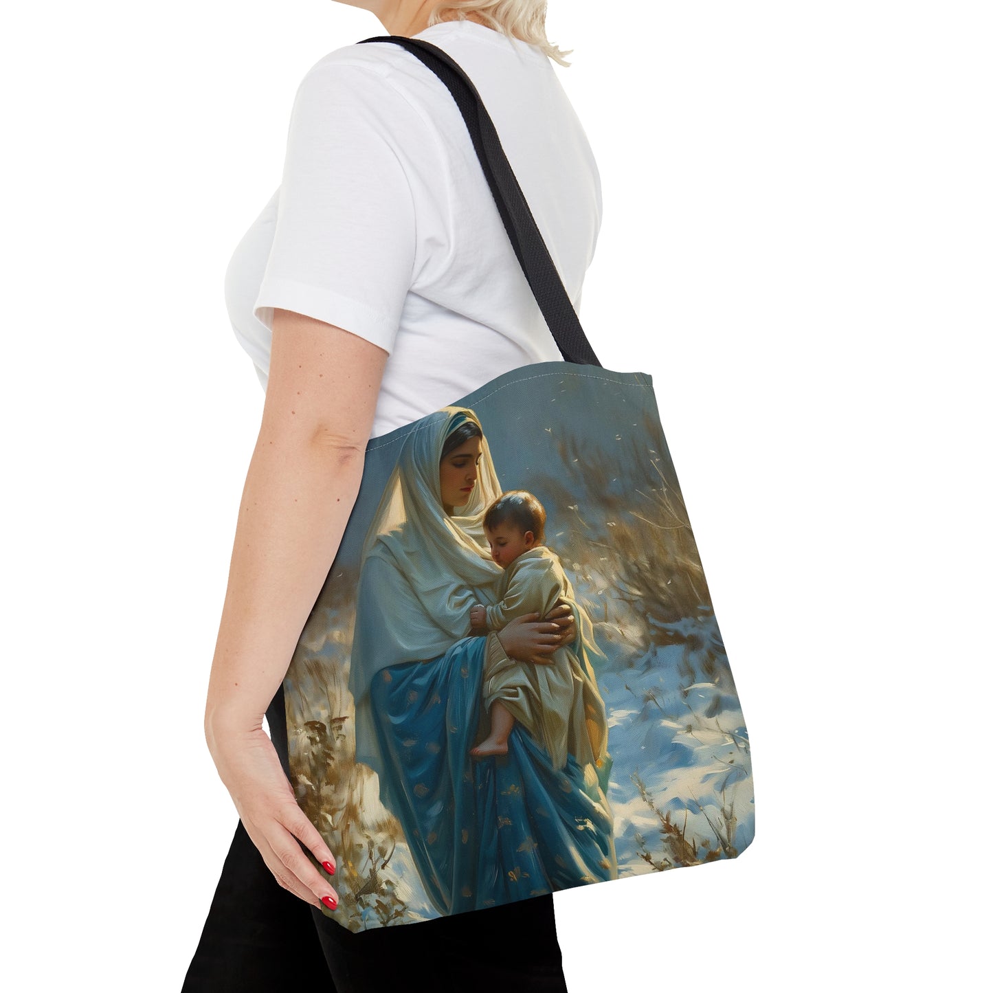 Snowfall of Grace - Our Lady's Winter Radiance - Our Lady of the Snows Tote Bag - Large Medium Small Faith Art Bag