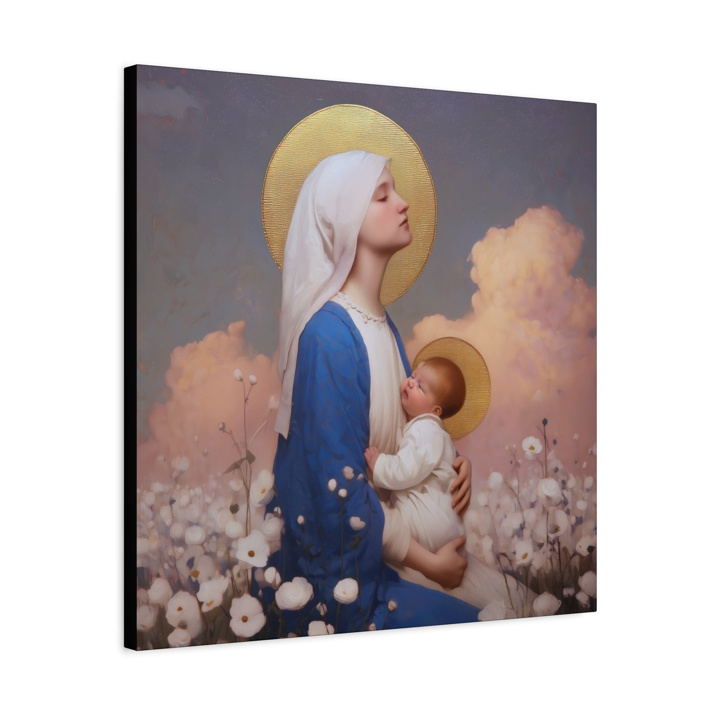 Mother Mary - Our Lady Among the Flowers -  Museum Wrapped Canvas - Sanctified Souls Print - Religious Art for your Home - Catholic Mother Mary Art
