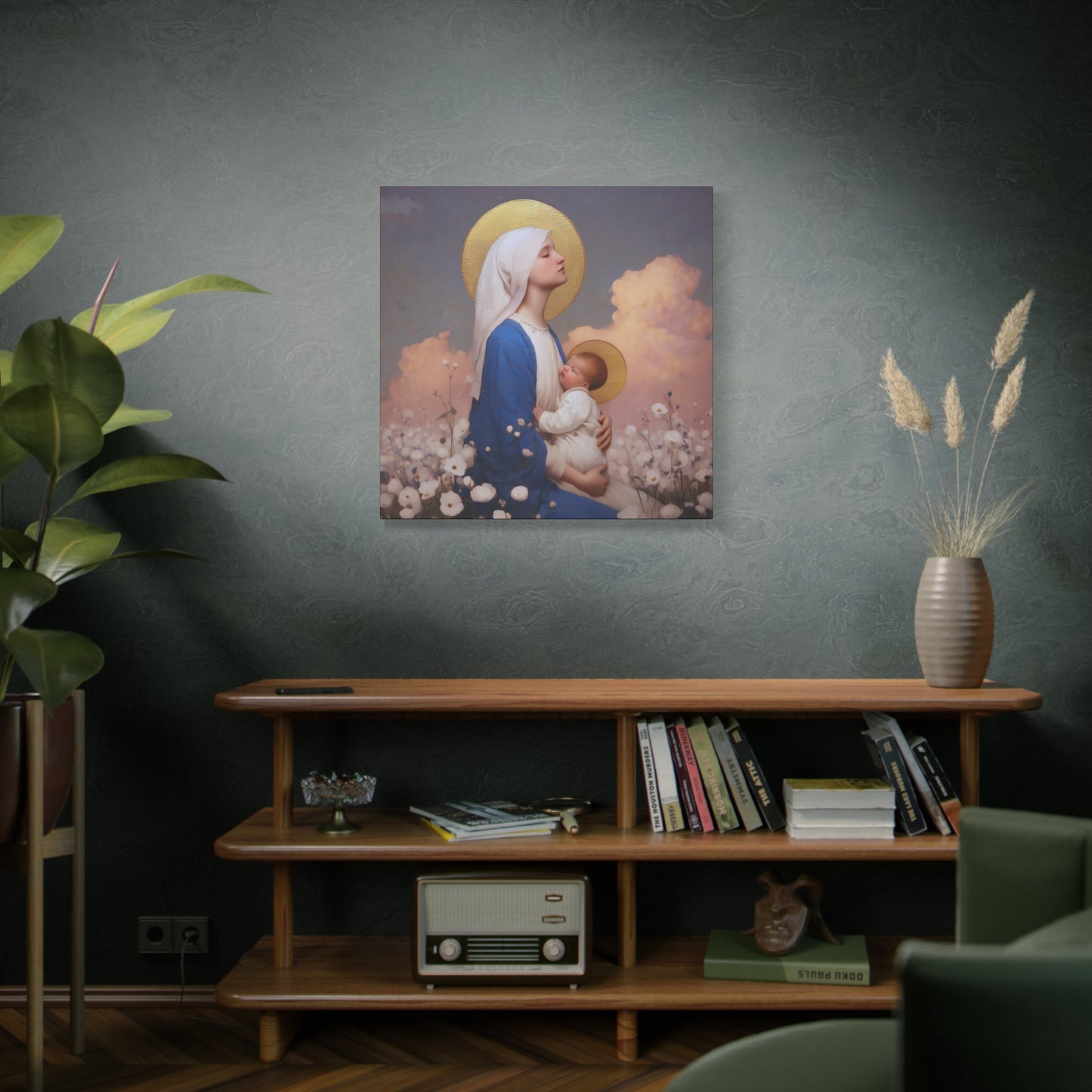Mother Mary - Our Lady Among the Flowers -  Museum Wrapped Canvas - Sanctified Souls Print - Religious Art for your Home - Catholic Mother Mary Art
