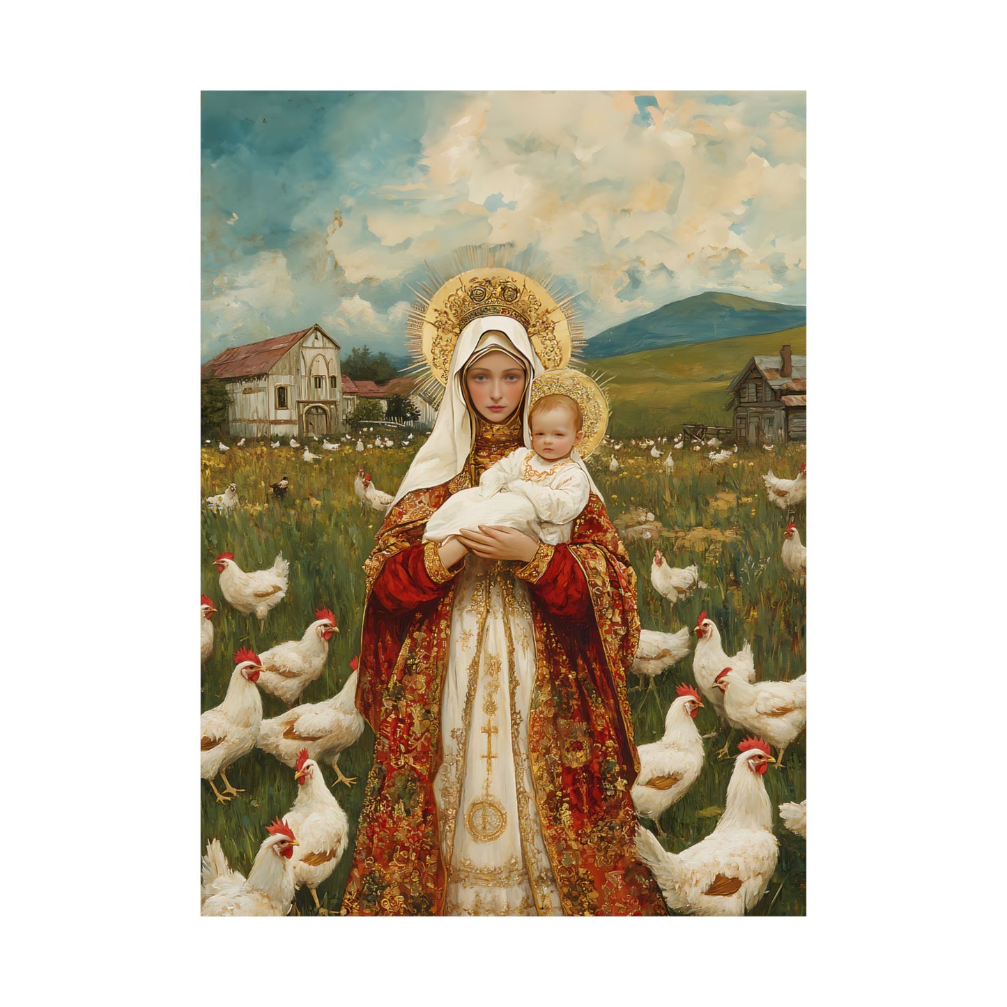Our Lady of the Hens: Protector of the Humble Flock - Sanctified Souls Print - Multiple Sizes - Premium Posters - Catholic Art - Christian